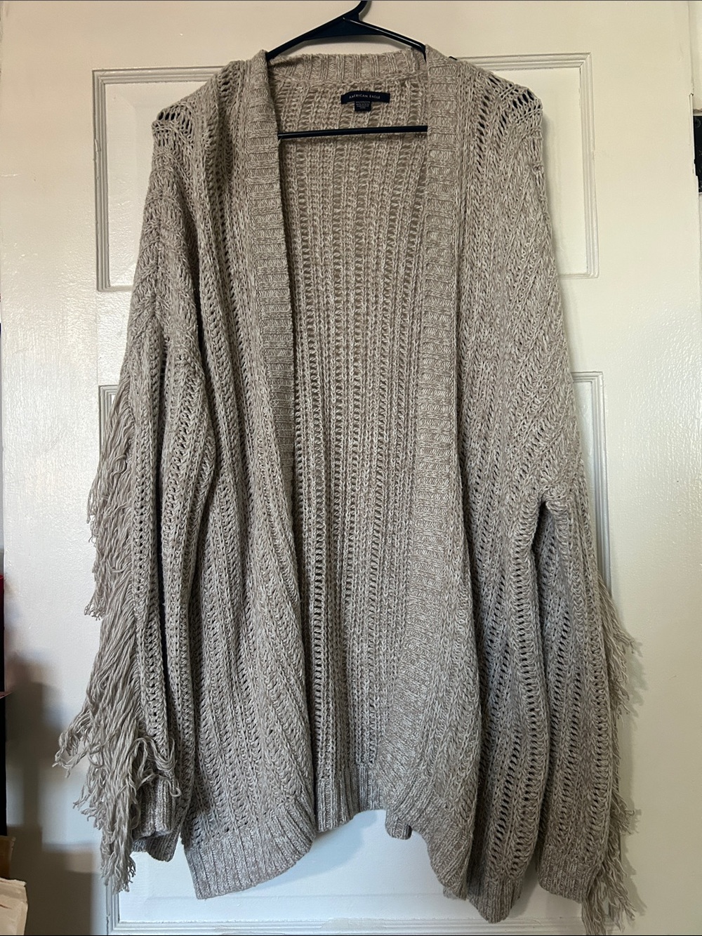 American Eagle Outfitters Open-Front Fringe Knit Cardigan - Taupe